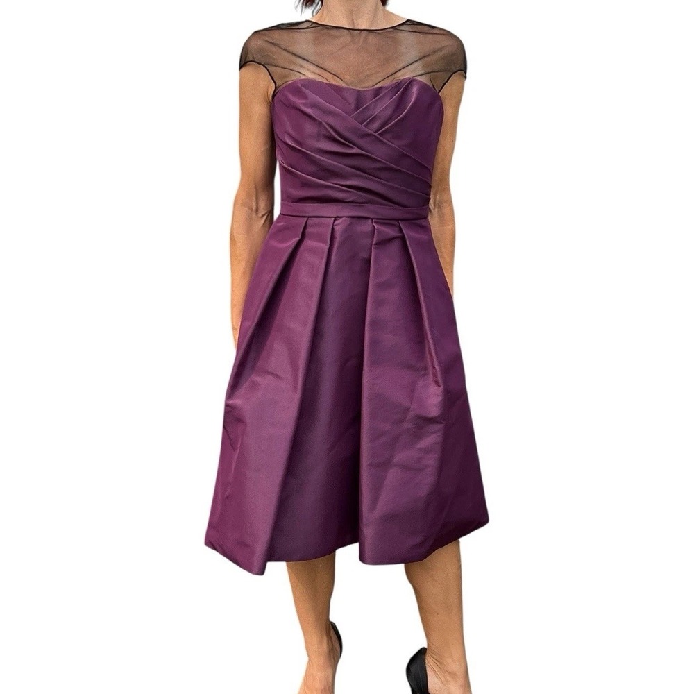 PAMELLA ROLAND purple silk taffeta illusion cocktail pleated a line dress SZ 6
